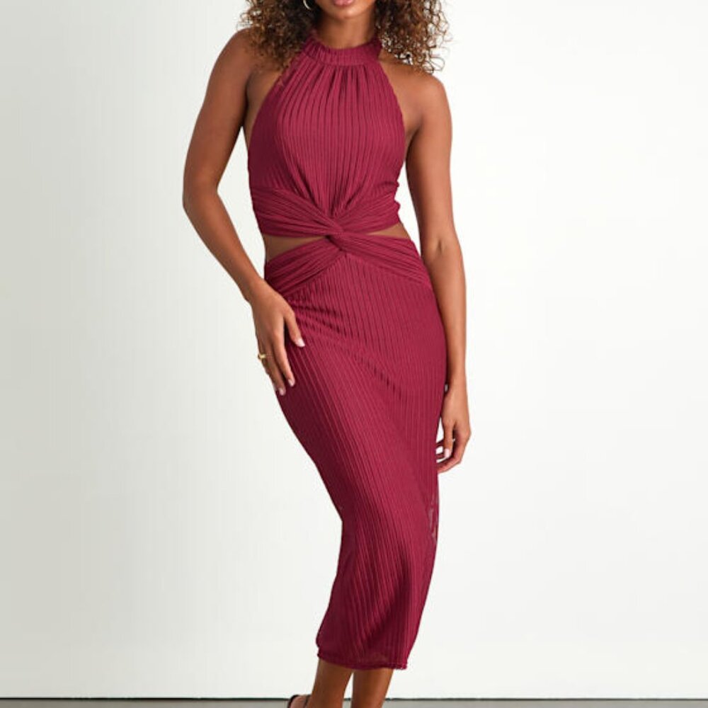Lulus Poised Attitude Burgundy Halter Cutout Twist-front Midi Dress Red - Size M